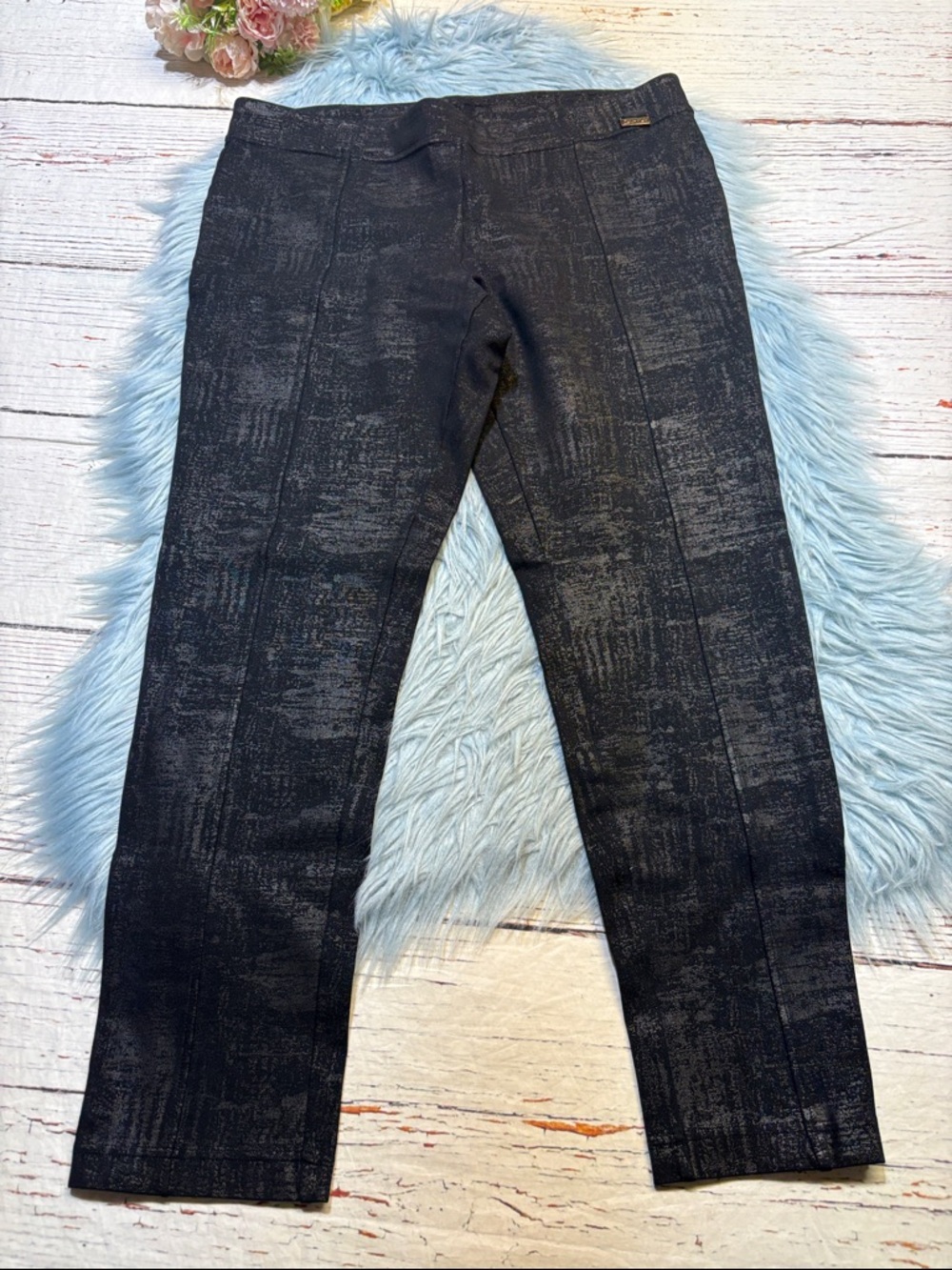 Calvin Klein Black Power Stretch Metallic Pattern Legging Pants sz L